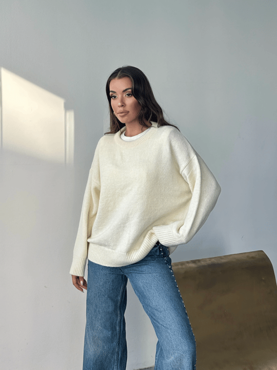 Yıkamalı Şardonlu Triko Kazak - Ekru