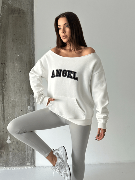 Angel Nakışlı Kayık Yaka Sweat - Beyaz