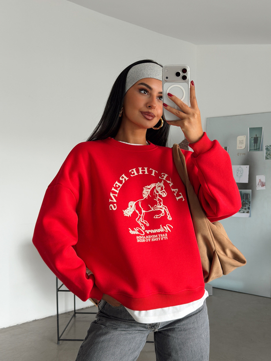 Birleşik Baskılı Sweatshırt - Kırmızı
