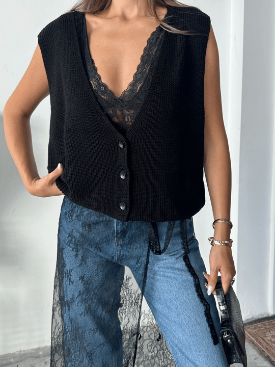 Dört Düğme Selanik Yelek - Siyah