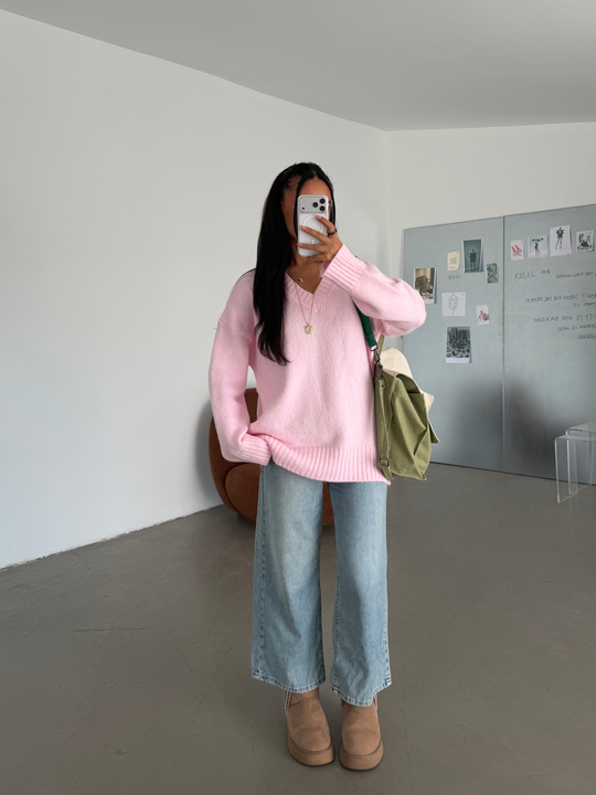 Oversize V Yaka Kazak - Pembe