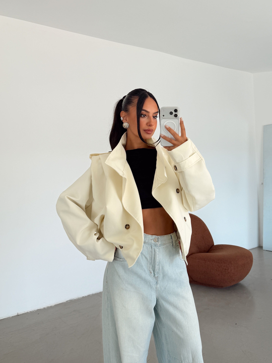 Vatka Detay Oversize Crop Trençkot - Ekru