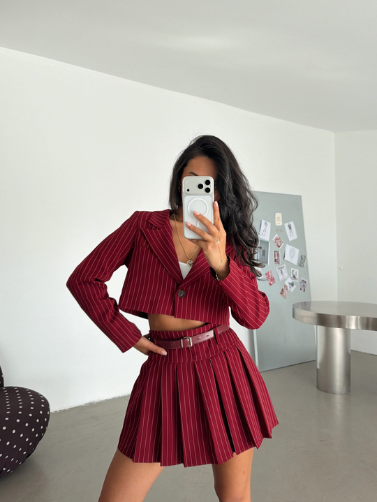 Çizgili Crop Ceket - Bordo