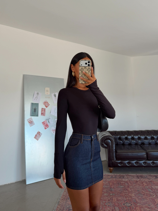 Bisiklet Yaka Uzun Kol Bodysuit - Siyah