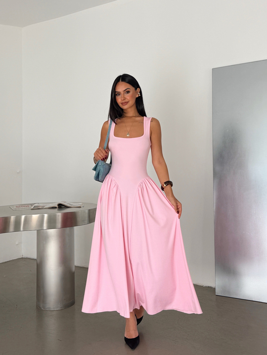 Korse Detaylı Midi Elbise - Pembe