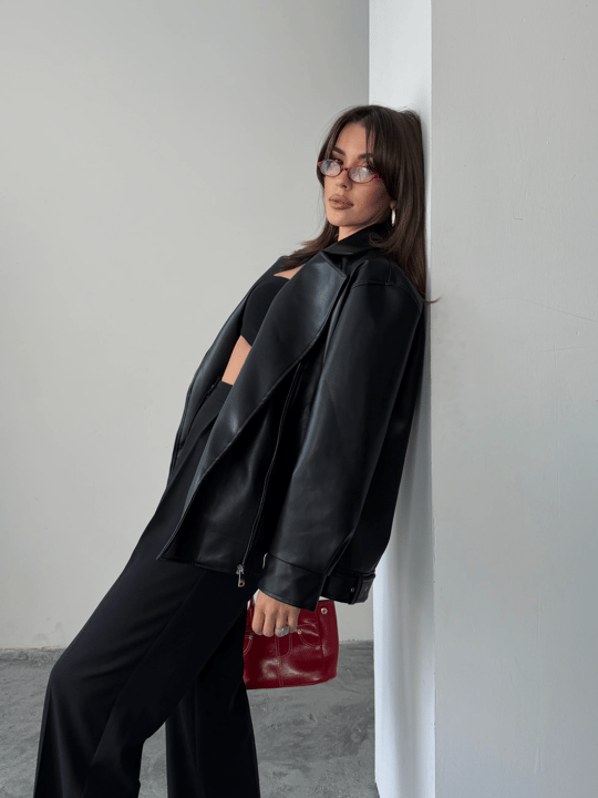 Kemerli Oversize Deri Ceket  - Siyah