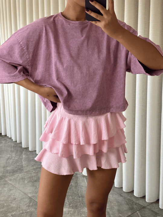 Yıkamalı Düz Crop Basic - Lila