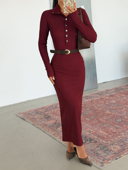 Yarım Çıtçıtlı Fitilli Elbise - Bordo