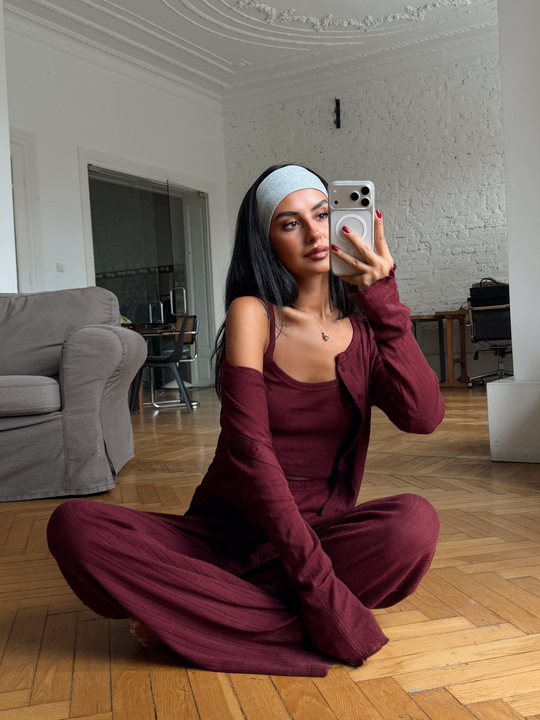 Bisiklet Yaka Düğme Detaylı Relax Takım - Bordo