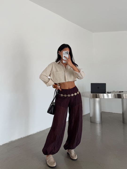 Transparan Müslin Kumaş Balon Pantolon - Mürdüm