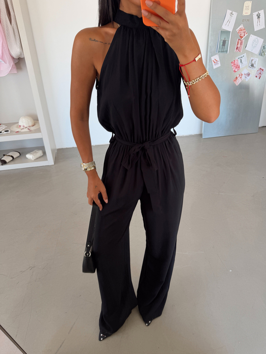 Halter Yaka Kuşaklı Tulum - Siyah