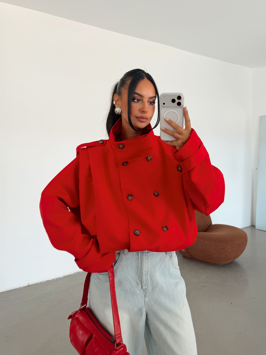Vatka Detay Oversize Crop Trençkot - Kırmızı