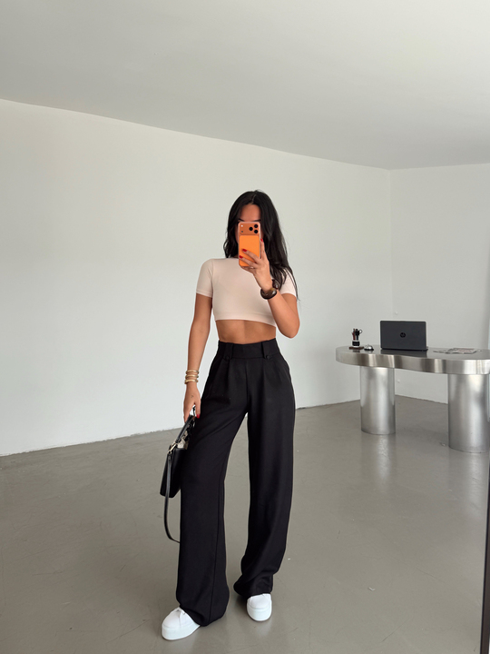 Apoletli Keten Palazzo - Siyah