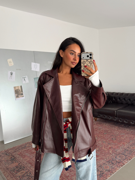 Kemerli Oversize Deri Ceket  - Bordo