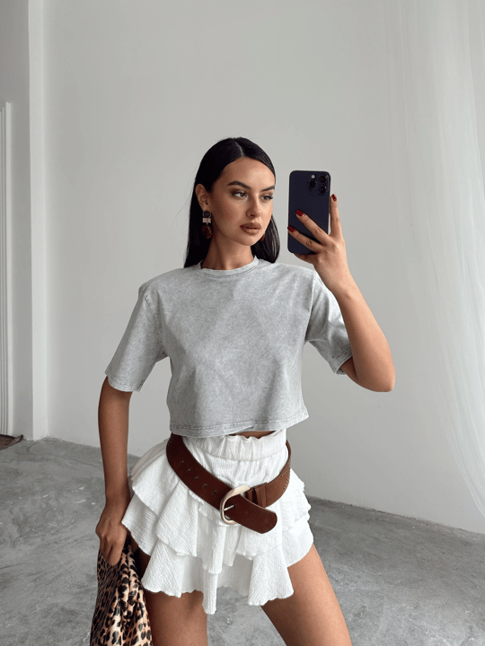 Yıkamalı Vatkalı Crop Basic - Gri