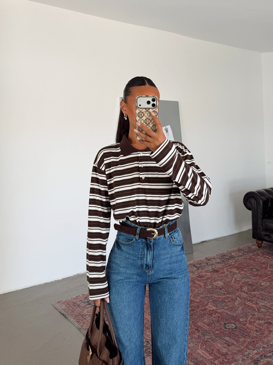 Polo Yaka Çizgili Sweatshirt - Kahve