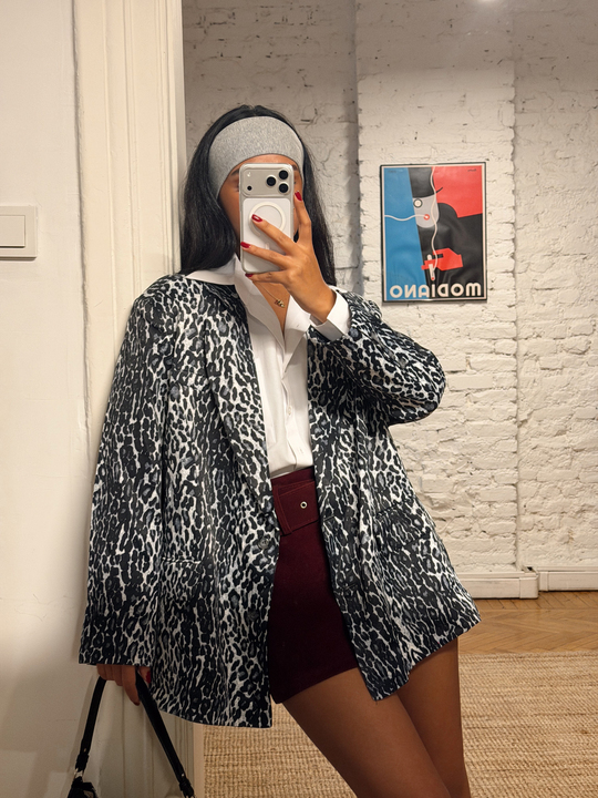Leopar Desenli Saten Blazer Ceket - Lacivert
