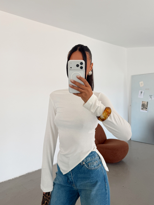 Asimetrik Yan Drape Bluz - Beyaz