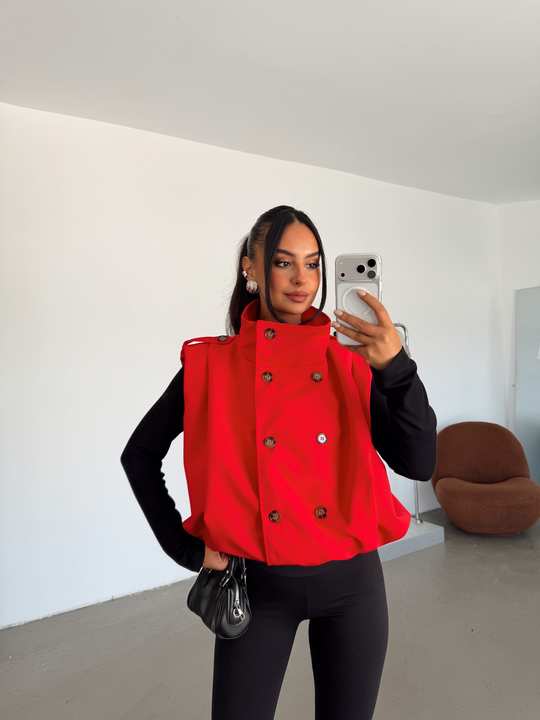 Apolet Detaylı Oversize Yelek - Kırmızı
