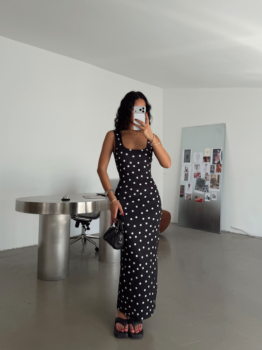 Halter Yaka Puantiyeli Maxi Elbise - Siyah