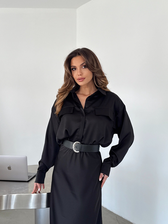 Kapak Cepli Krep Saten Gömlek - Siyah