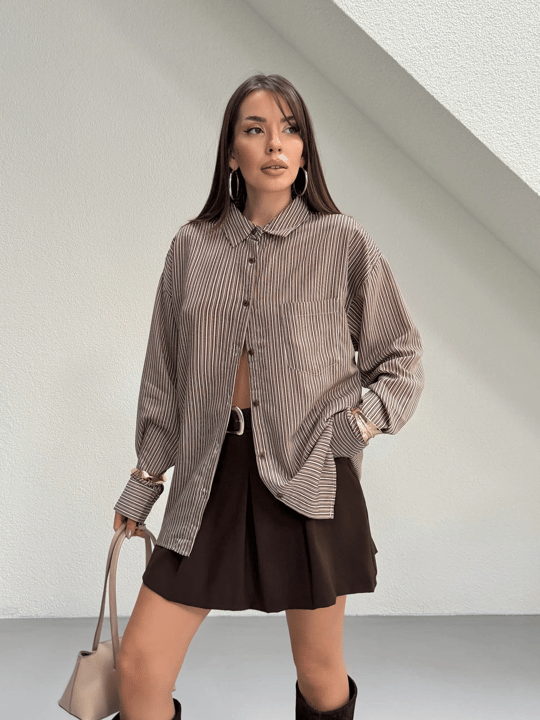 Çizgili Oversize Gömlek - Kahve