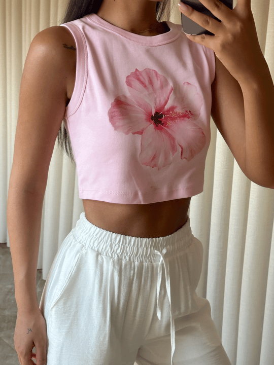 Çiçek Baskılı Crop - Pembe
