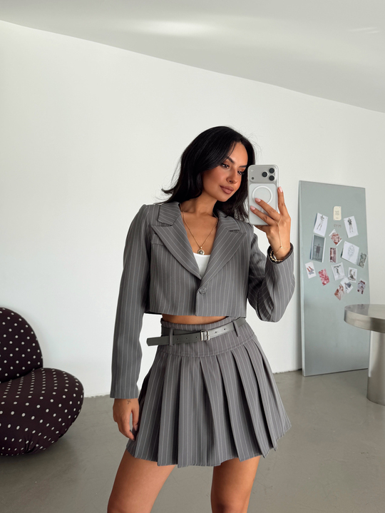 Çizgili Crop Ceket - Füme