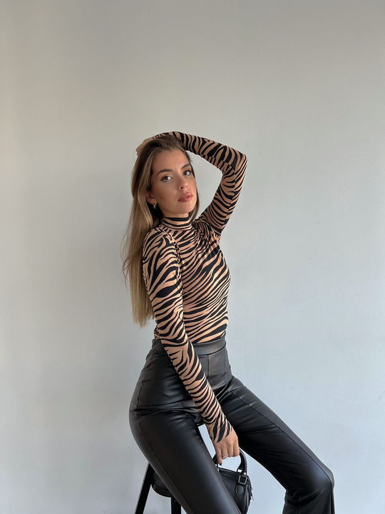Desenli Balıkçı Bluz - Taba Zebra