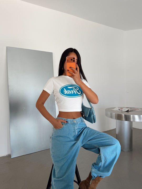 Freak Baskılı Crop Basic - Beyaz