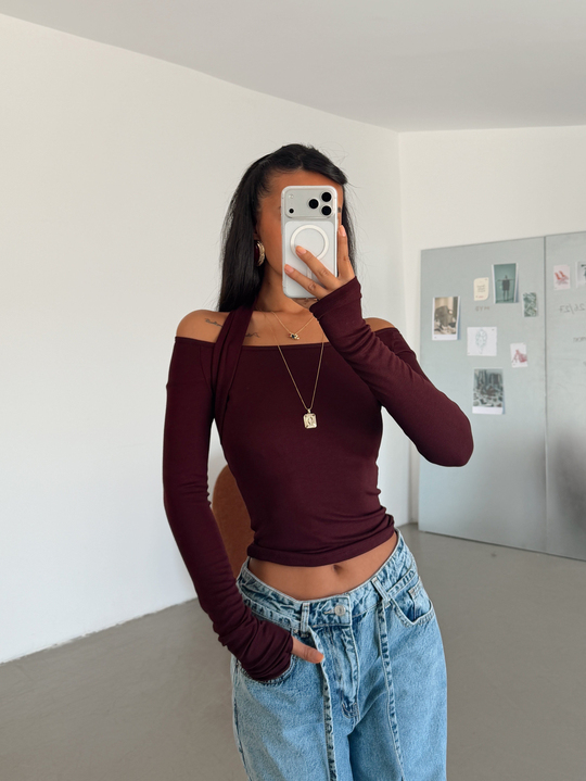 Geniş Yaka Boyun Detaylı Bluz - Bordo