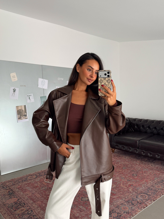 Kemerli Oversize Deri Ceket  - Kahve