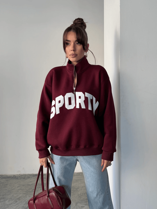Sporty Yarım Fermuar Sweat - Bordo