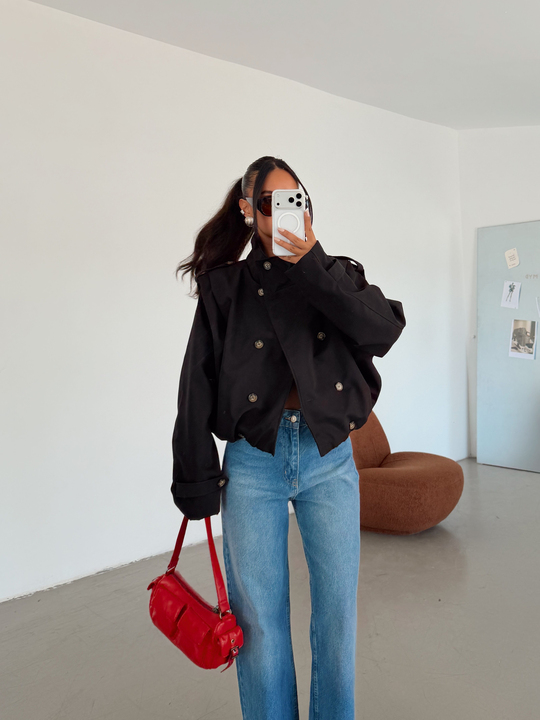Vatka Detay Oversize Crop Trençkot - Siyah