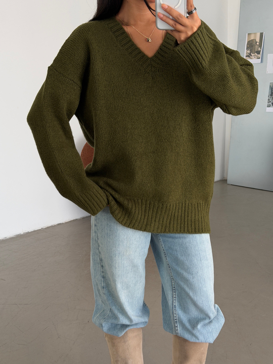 Oversize V Yaka Kazak - Haki
