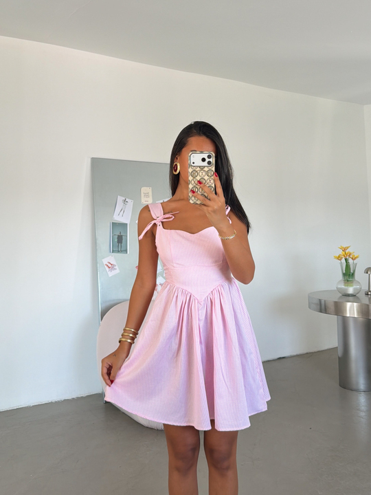 Çizgili Mini Elbise - Pembe