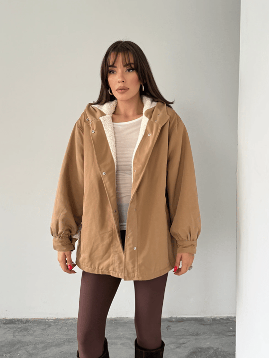 Kapüşonlu İçi Peluş Mont - Vizon