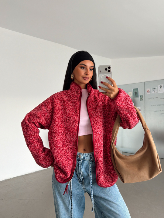 Fermuarlı Peluş Ceket - Pembe