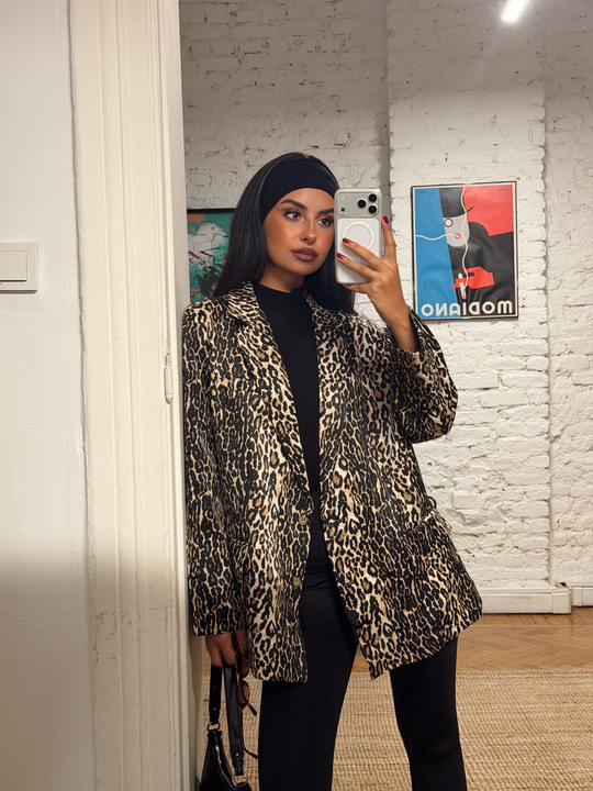 Leopar Desenli Saten Blazer Ceket - Bej