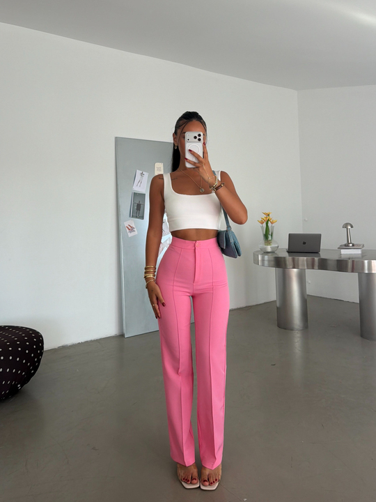 Ön Dikiş Boru Paça Kumaş Pantolon - Pembe