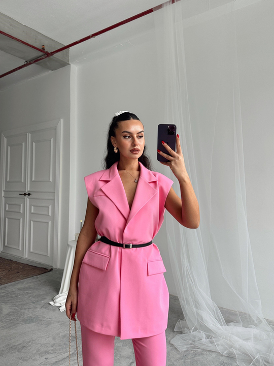 Deri Kemerli Yelek - Pembe