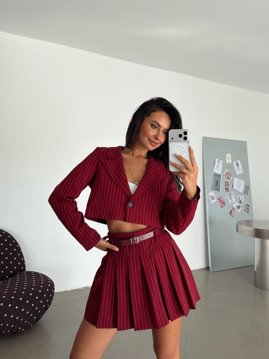 Çizgili Crop Ceket - Bordo