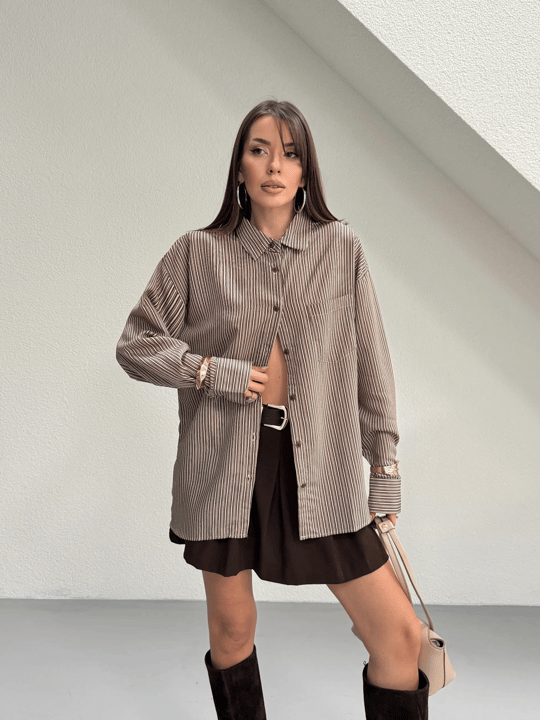 Çizgili Oversize Gömlek - Kahve