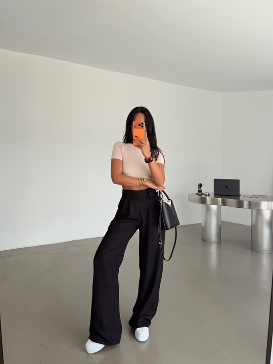 Apoletli Keten Palazzo - Siyah