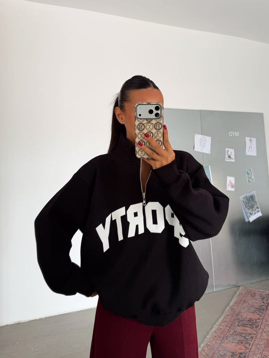 Sporty Yarım Fermuar Sweat - Siyah