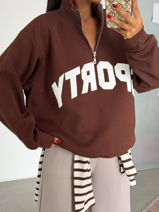 Sporty Yarım Fermuar Sweat - Kahve