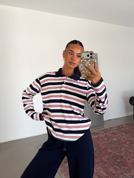 Polo Yaka Çizgili Sweatshirt - Lacivert