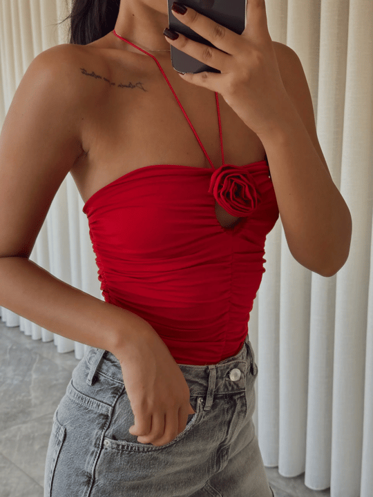 Milla Gül Detay Boyundan Bağlamalı Bodysuit Kırmızı - Kırmızı