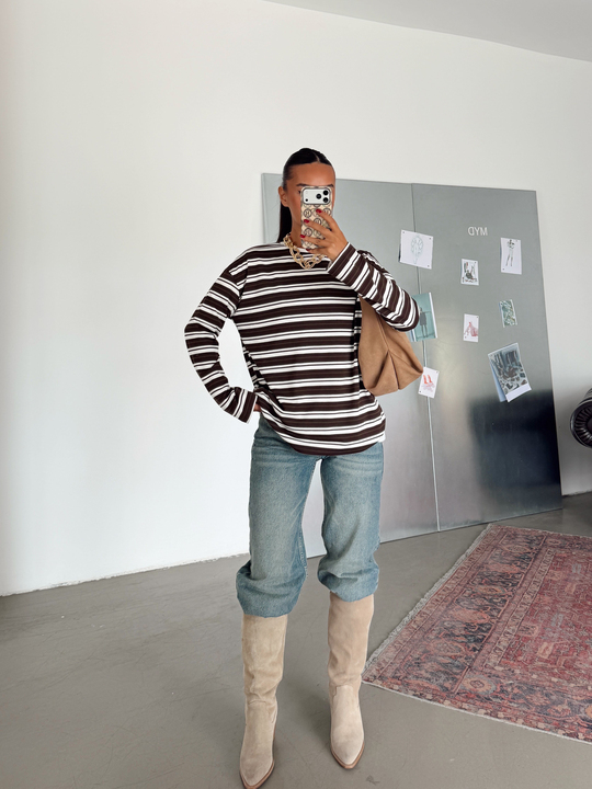 Çizgili Suprem Basic Sweat - Kahve