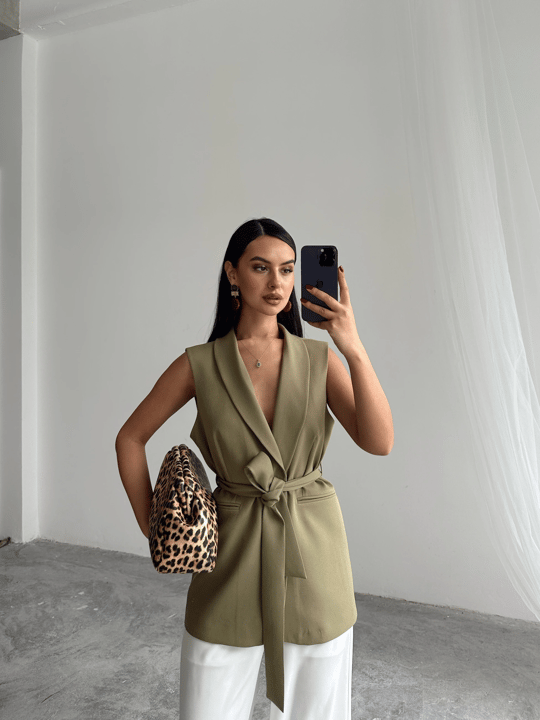 Bağlamalı Blazer Yelek  - Haki Yeşil